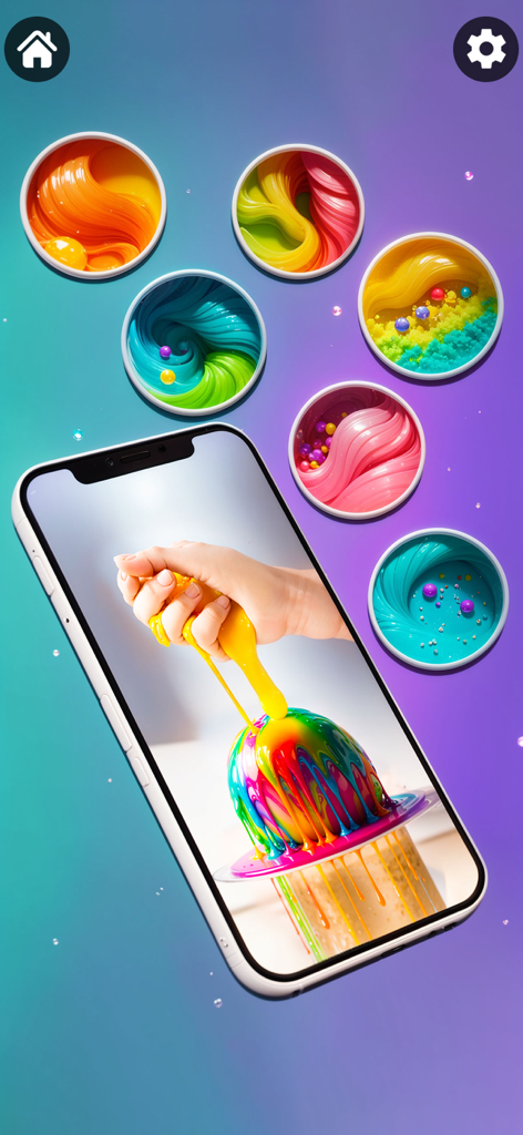 Mini Relaxing Antistress Games - Una mano apretando slime amarillo sobre una cúpula de arcoíris en una interfaz de minijuego ASMR satisfactoria.