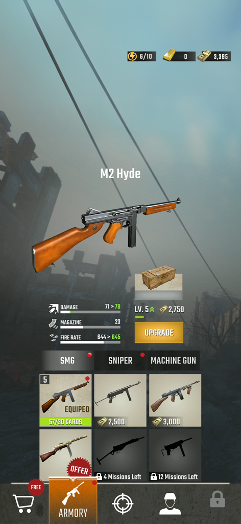 Pantalla de armería en Frontline Heroes WW2 Warfare mostrando mejoras y estadísticas del arma M2 Hyde