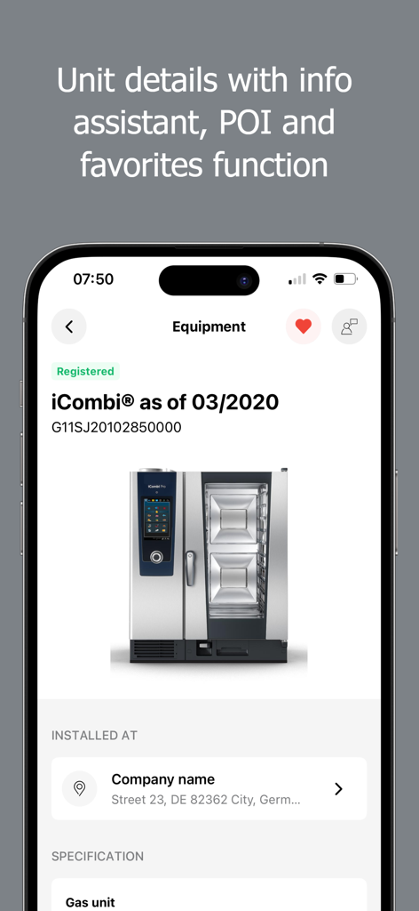 TechAssistant 2.0 - TechAssistant 2.0 app screen showing detailed equipment information for a Rational iCombi oven including serial number and installation location.