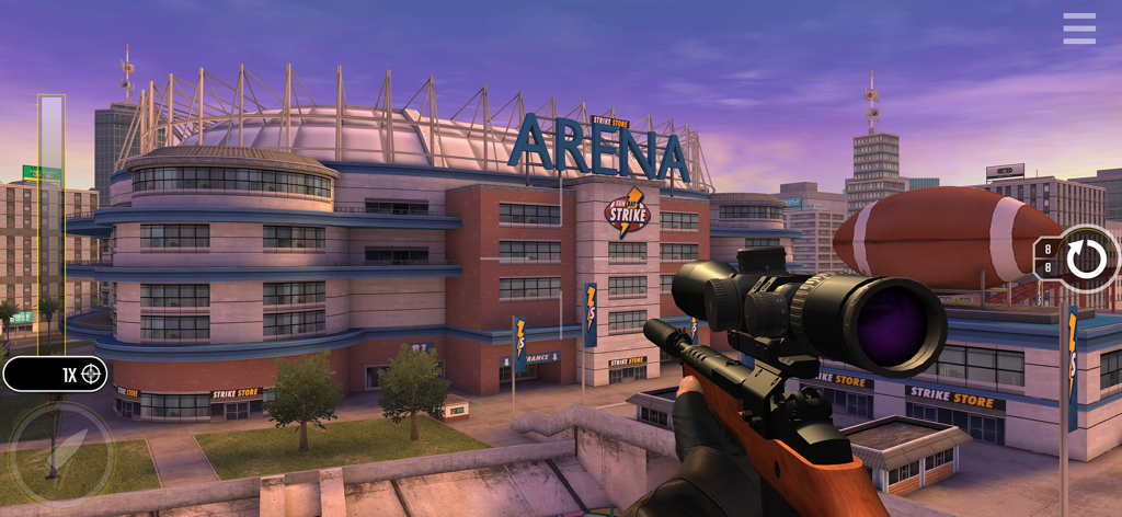 Pure Sniper: Gun Shooter Games - Perspectiva em primeira pessoa de um sniper mirando em uma arena esportiva no jogo mobile Pure Sniper
