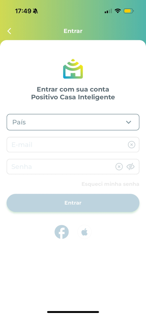 Pantalla de inicio de sesión de la aplicación Positivo Casa Inteligente