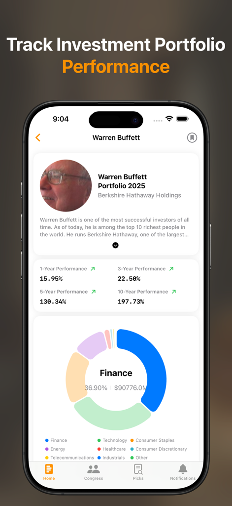 Stock Insider: Track Trades - Pantalla de la aplicación Stock Insider que muestra el rendimiento de la cartera de inversiones de Warren Buffett y el desglose por sector.
