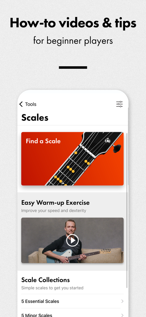 Fender Tune: Guitar Tuner App - Fender Tune app showing guitar scales and instructional videos for beginners