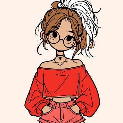 girl with a messy ponytail glasses a baggy crop top and jean shorts