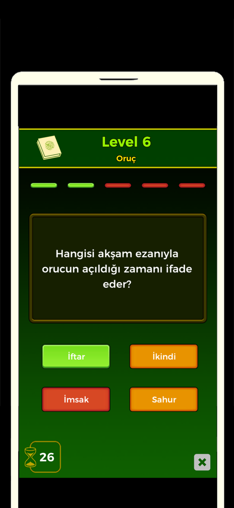 Schermata di gioco Q&A islamico che mostra una domanda di curiosità sul digiuno in turco.