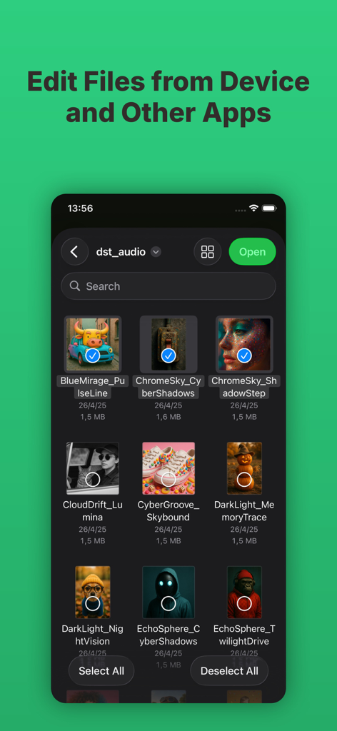 Evertag: Music Tag Editor - Evertag app interface showing a grid of music files with album art selected for metadata editing on a smartphone screen.