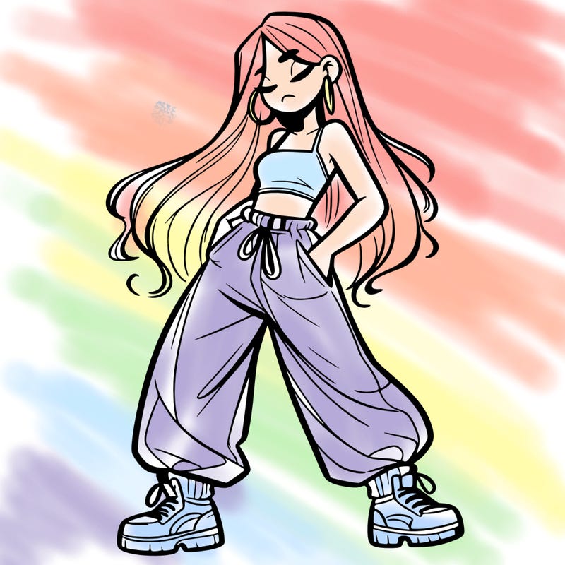 girl in baggy pants crop top and long hair