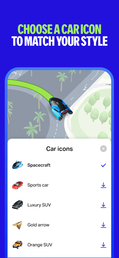 Yango Maps - Yango Maps interface showing custom car icon options like spacecraft and sports car for navigation