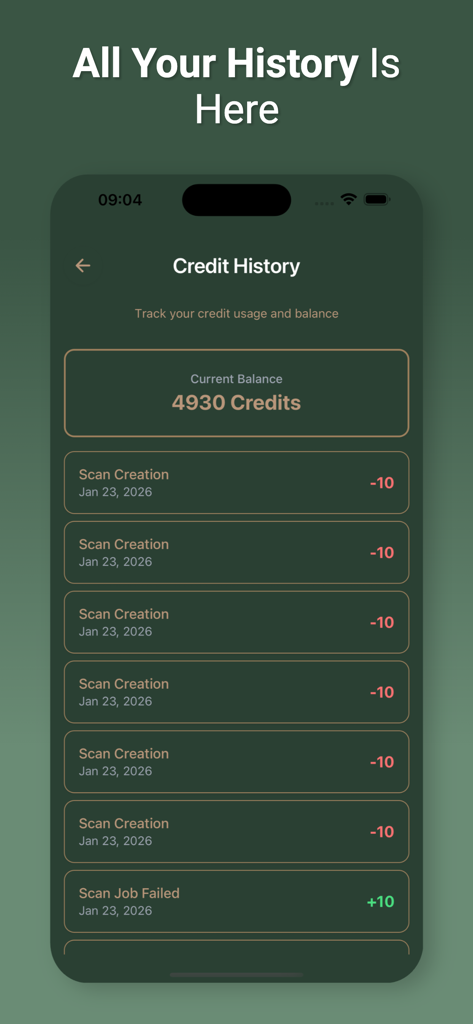 Treasure Hunter X - Treasure Hunter X app credit history screen displaying scan transaction logs and current balance