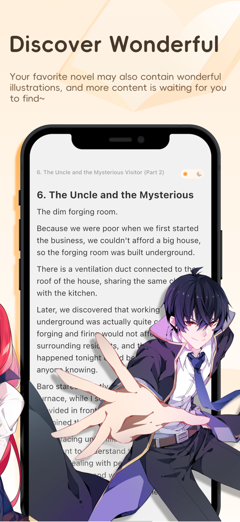 Interface de l'application de light novel LoloBun montrant le texte du chapitre et une illustration de personnage d'anime