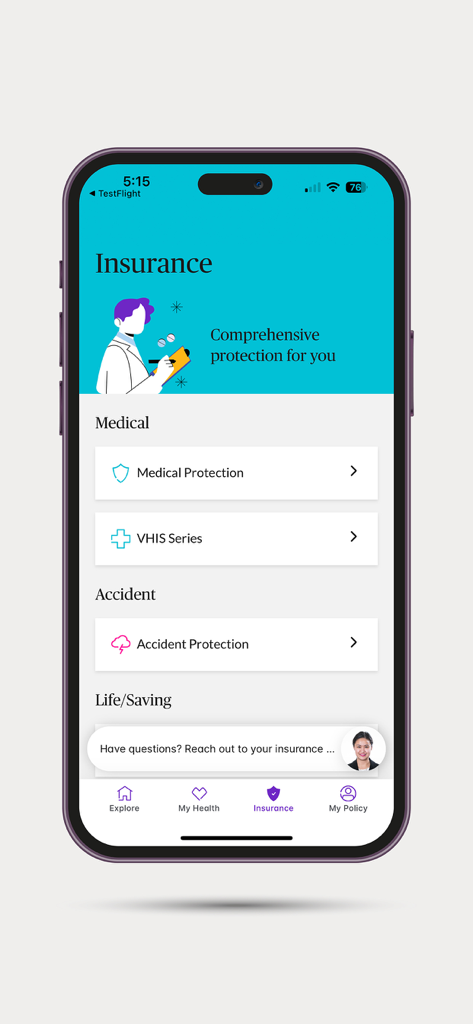 My Chubb Life - My Chubb Life app insurance menu displaying options for medical accident and life saving policies