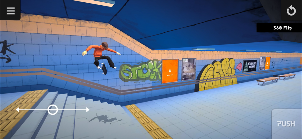 Skater Mobile - A skater performing a 360 flip trick over a handrail in a subway station