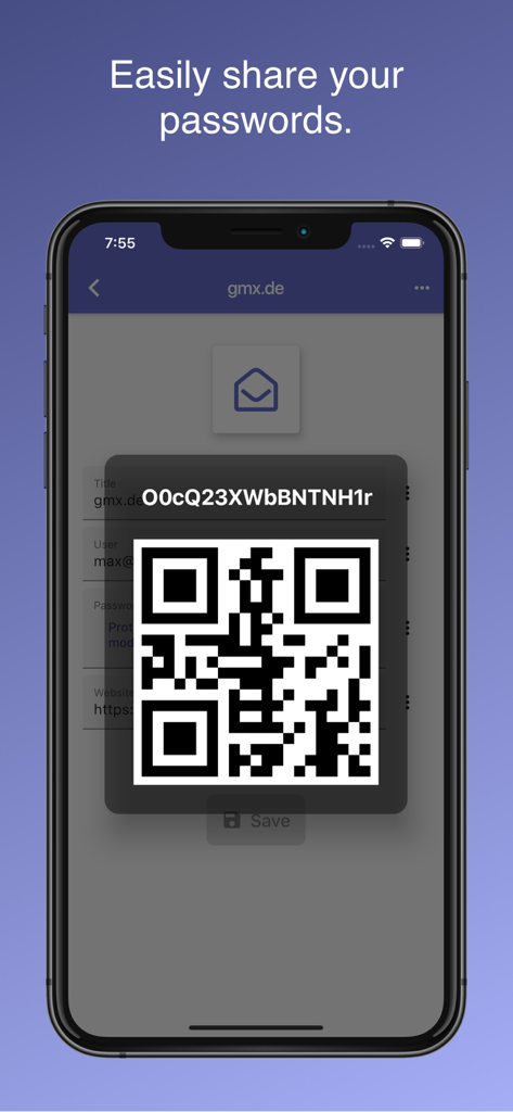 AuthPass – Password Manager - iPhone screen showing the AuthPass app feature to easily share passwords using a QR code