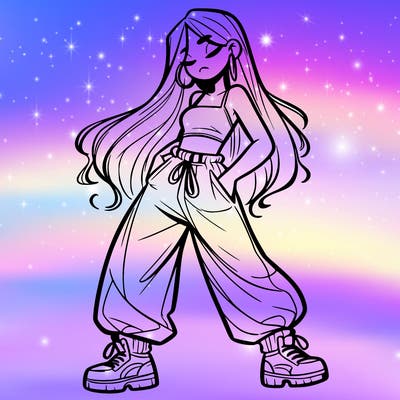 girl in baggy pants crop top and long hair