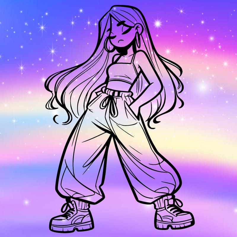girl in baggy pants crop top and long hair