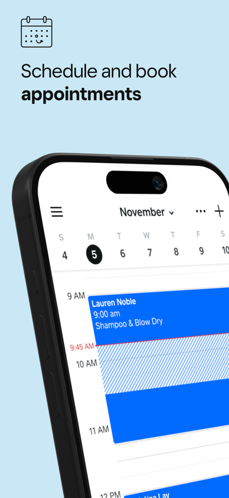 美容院の予約が入った1日のカレンダーを表示するSquare Appointmentsモバイルアプリ