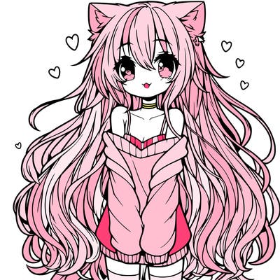 anime cat girl with really long hair