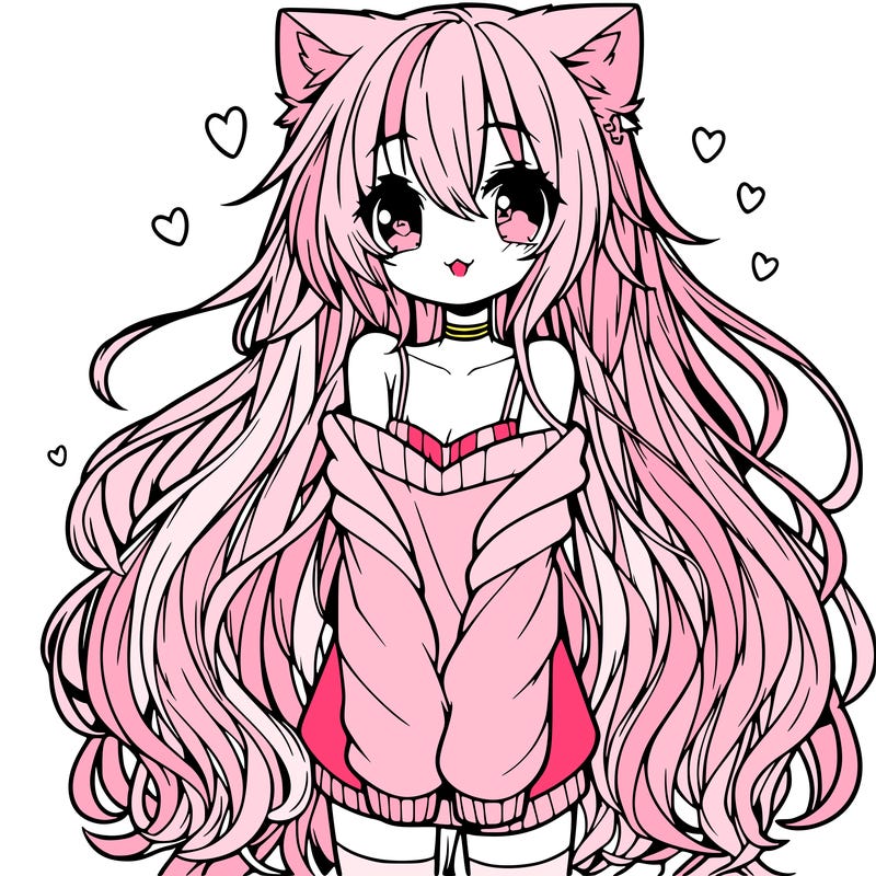 anime cat girl with really long hair