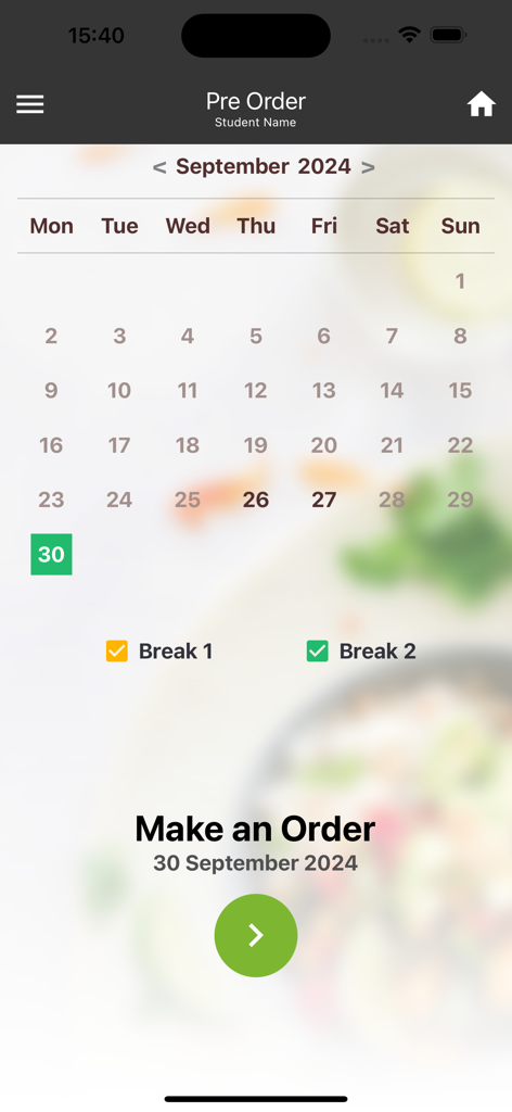 Hot Oven Cafe - Bildschirm der mobilen App, der einen Kalender zur Vorbestellung von Schulmahlzeiten zeigt, indem Daten und Pausenzeiten ausgewählt werden