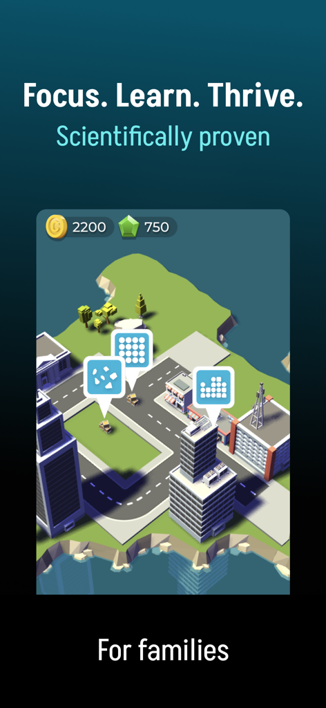 Nuroe — Focus. Learn. Thrive. - Nuroe app screenshot showing a gamified city interface for scientifically proven brain training for families.