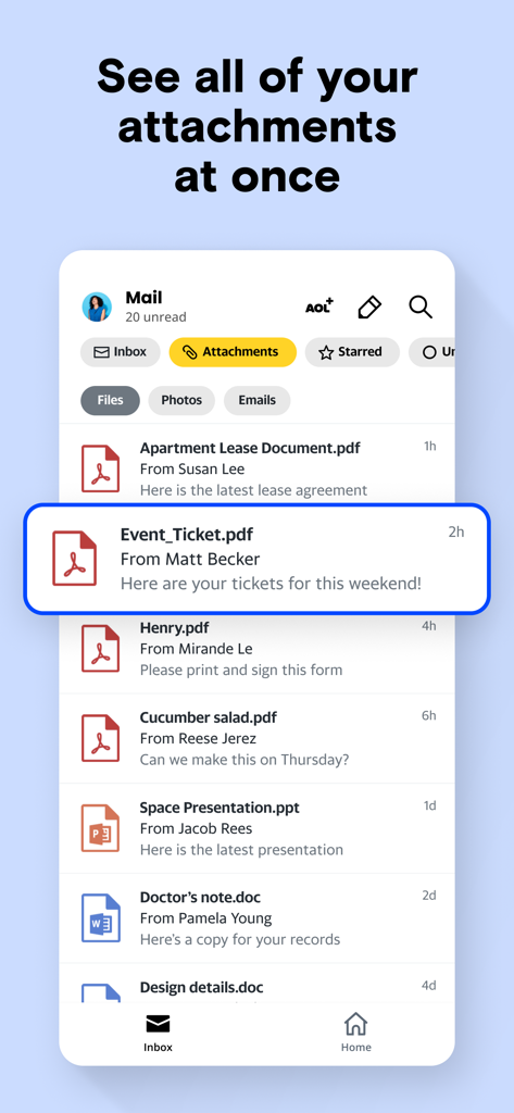 AOL Mail, News, Weather - AOL Mail app interface showing a list of email attachments including PDF and document files.