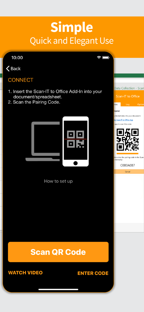 Scan-IT to Office - Scan-IT to Office mobile app pairing screen showing instructions to connect to a desktop application via QR code