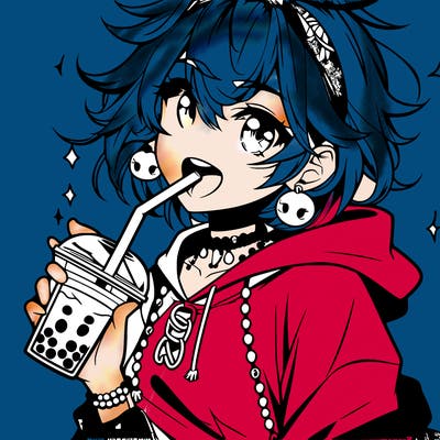 hot baddie anime girl drinking boba and biting the straw
