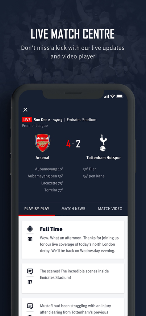 Arsenal Official App - Aplicativo Oficial do Arsenal mostrando o centro de jogos ao vivo com placar e comentários jogada a jogada.
