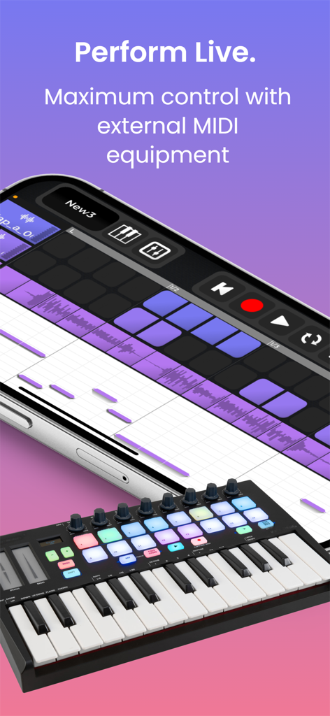 A smartphone displaying the vocalBeazz music interface connected to a physical MIDI keyboard for live beat making