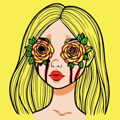 a realistic girl with roses for eyes