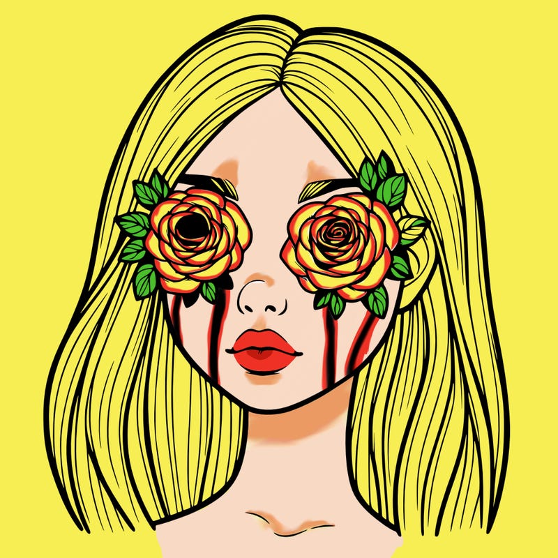 a realistic girl with roses for eyes