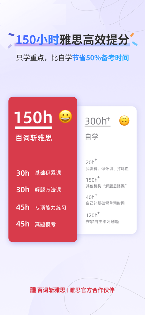 Ein Vergleichsdiagramm, das 150 Stunden Lernen mit Baicizhan IELTS im Vergleich zu über 300 Stunden Selbststudium für die Prüfung zeigt.