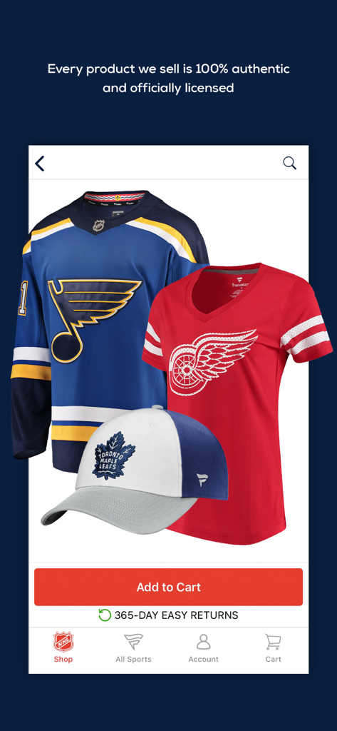 Fanatics NHL Shop - Mobile App-Oberfläche von Fanatics NHL Shop, die authentische Trikots und Mützen zeigt