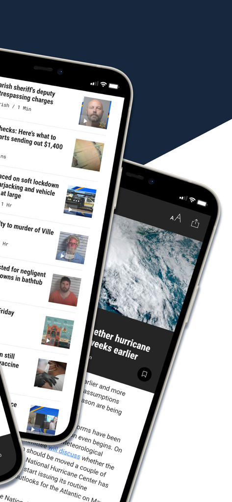 Interface do aplicativo KLFY News 10 mostrando manchetes de notícias locais de Lafayette e cobertura meteorológica de furacões.