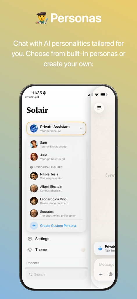 Solair AI app screen displaying various AI personas for chat including Nikola Tesla and Socrates