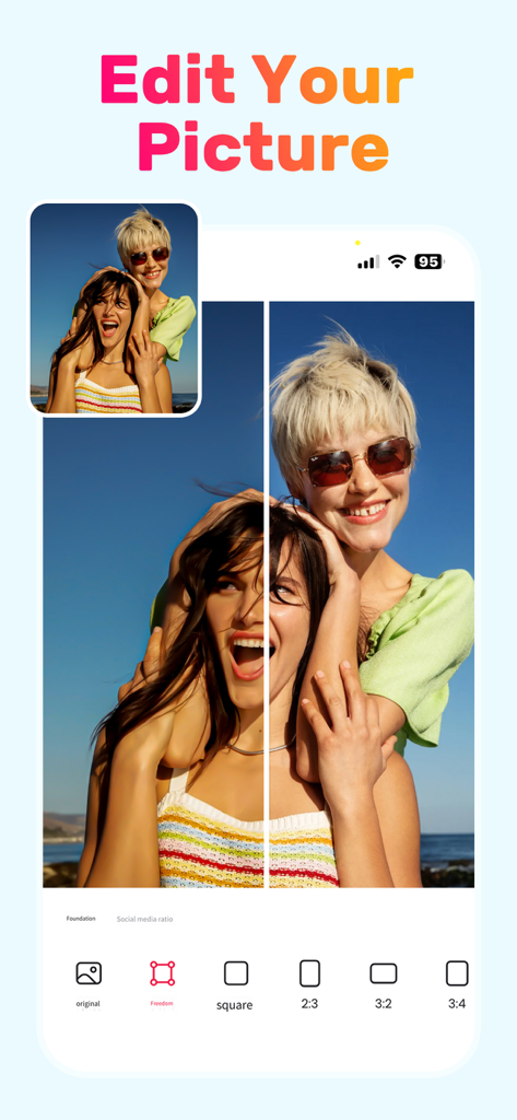 Collage Maker: Photos Editor - Collage Makerアプリのインターフェース。正方形や2対3などのさまざまなアスペクト比オプションで編集中の写真が表示されています。