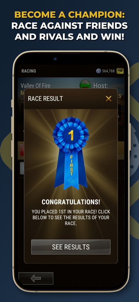 Owners Club 경마 게임의 레이스 결과 화면에 1위 파란 리본