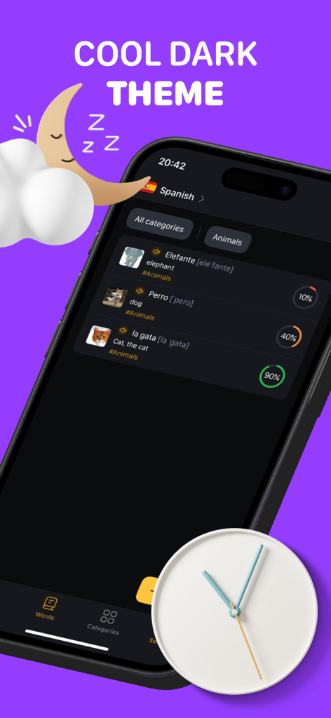 Language learning app interface showing Spanish vocabulary list in dark mode with progress trackers