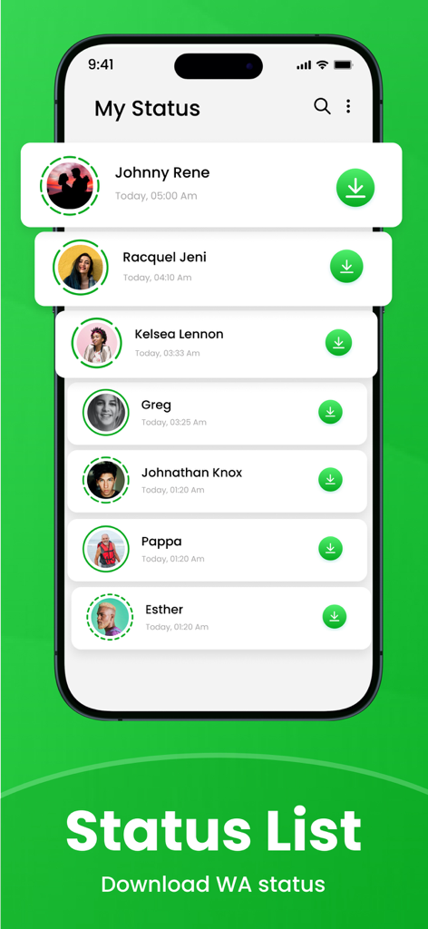 Mobile app interface showing a list of WhatsApp contacts with download buttons for their status updates.