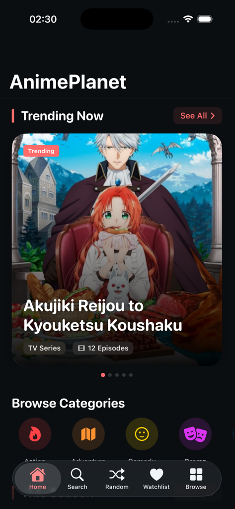AnimePlanet mobile app home screen showing trending anime and browse categories in dark mode