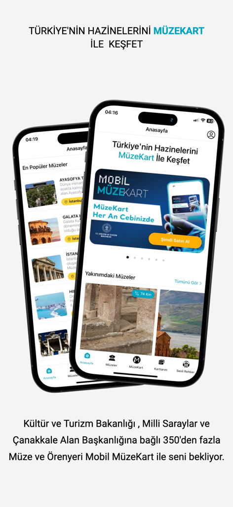 Museums of Türkiye - Official - Official Museums of Türkiye mobile app interface displaying popular cultural heritage sites and the mobile MuseumPass on two iPhones