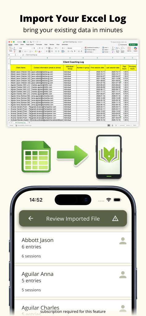 Graphic showing the process of importing an Excel coaching log spreadsheet into the Coaching Log mobile app
