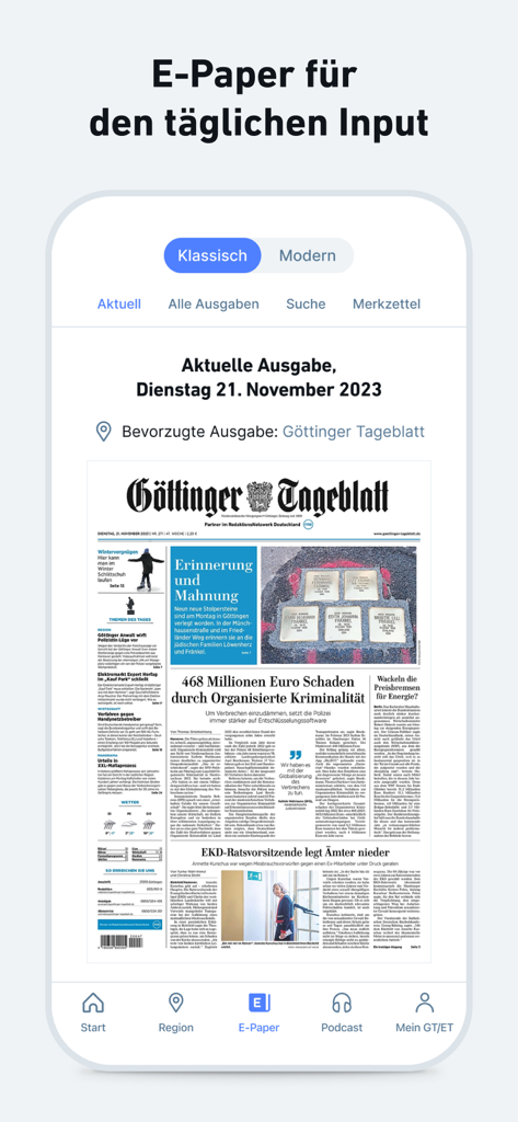 GT/ET - News und Podcast - GT/ET news app e-paper interface displaying the digital front page of the Goettinger Tageblatt newspaper.
