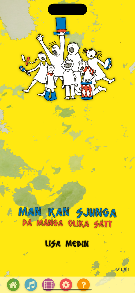 Man kan sjunga - Startbildschirm der Man kan sjunga Bildungs-App mit illustrierten Kindern, die singen und Musik spielen.