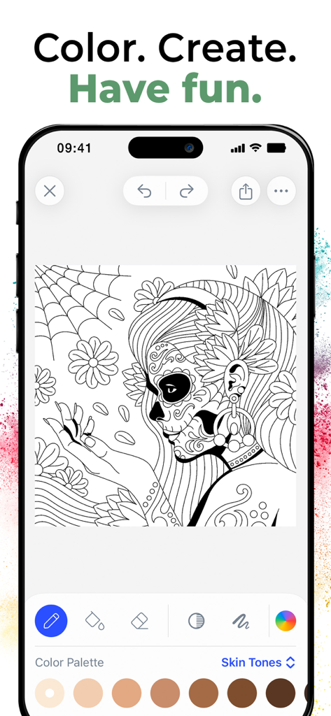 A detailed coloring page of a woman with sugar skull makeup and floral patterns in the Bloom app interface