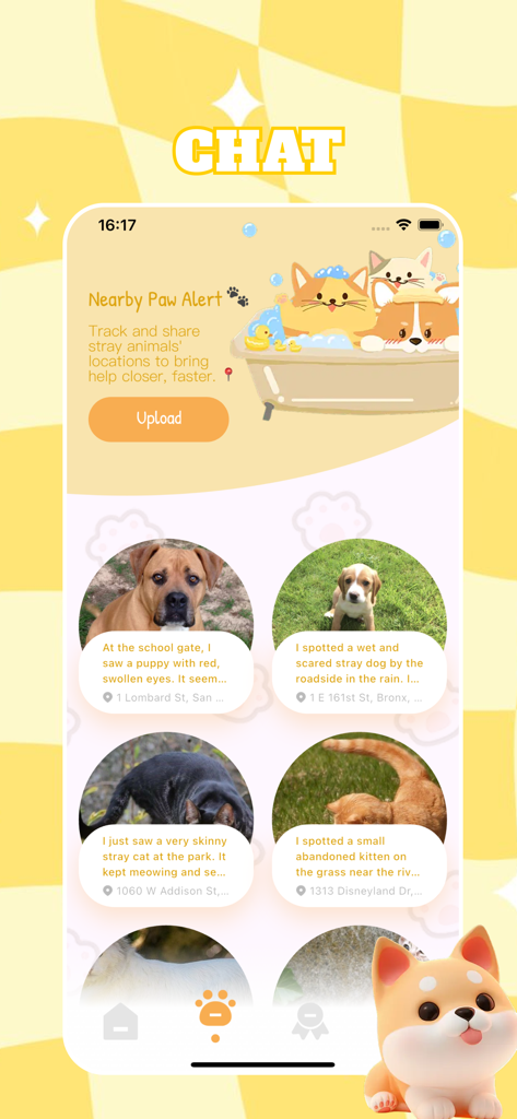 Inzo app screen showing the Nearby Paw Alert feature for reporting and tracking stray animals.