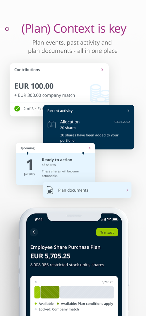 EquateMobile - EquateMobile app interface showing employee share purchase plan and stock units