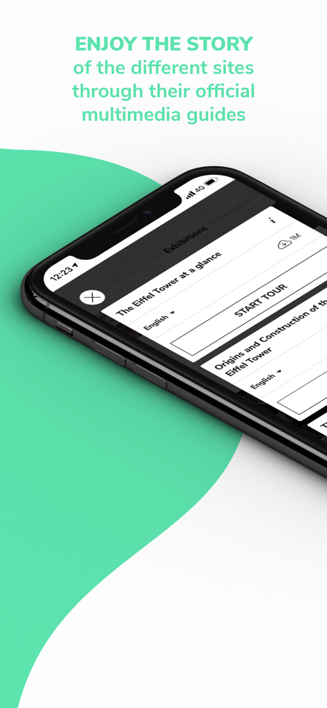 CloudGuide - CloudGuide app interface showing an official multimedia tour for the Eiffel Tower on an iPhone
