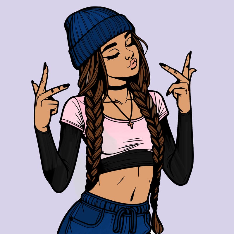 realistic teenage girl with braids and a beanie and crop top doing 🫶🏼