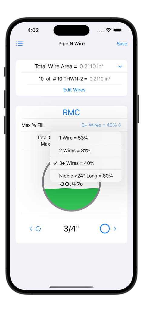 Pipe N Wire app showing NEC compliant conduit fill calculations for electricians